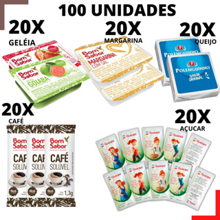 Kit em saches para montar cestas 100/80/60 unidades café/açúcar/margarina/geleia/polenguinho/mel em Oferta na Shopee