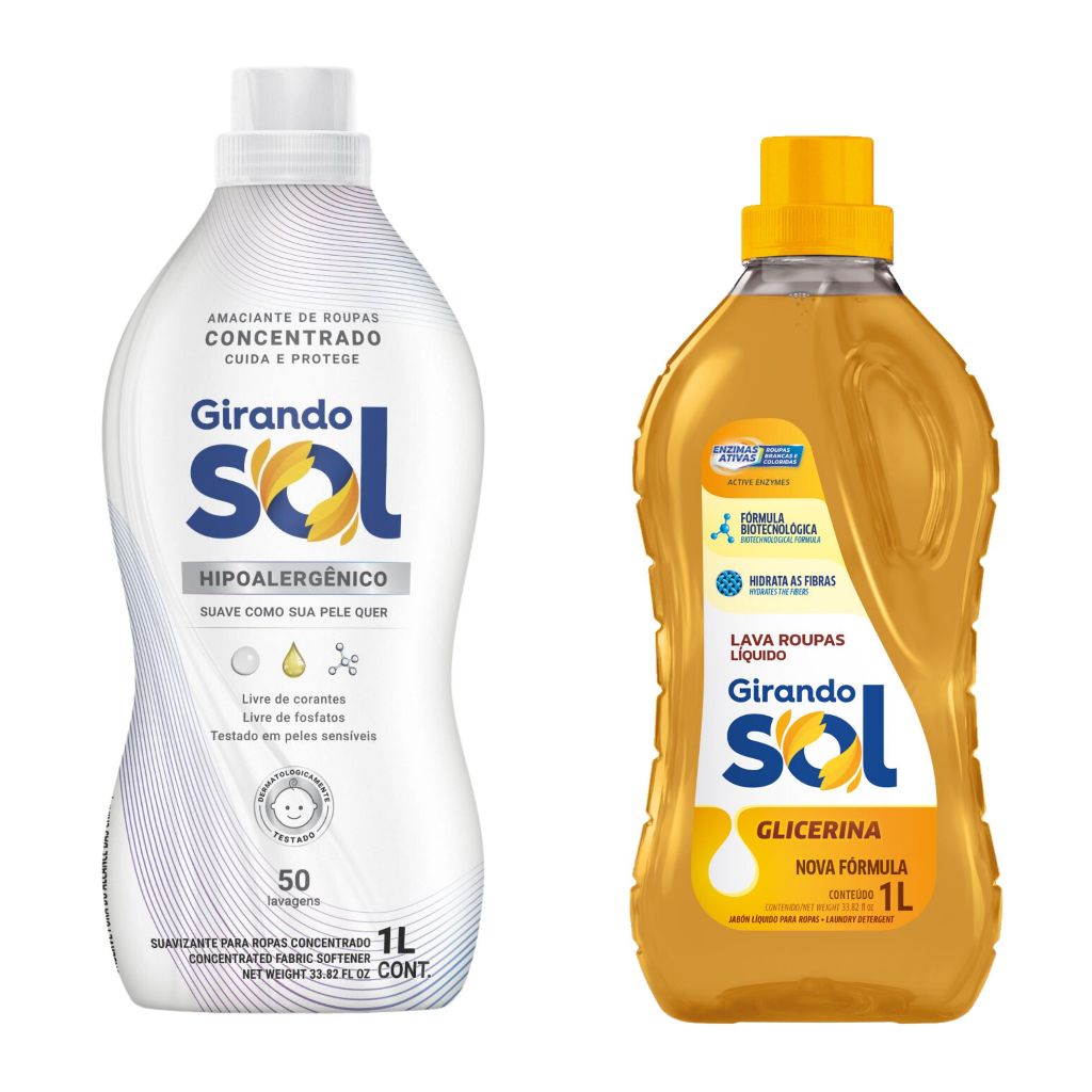 Kit Lava Roupas Sabão Líquido 1 L Glicerina + Amaciante Concentrado 1L Hipoalergênico Girando Sol