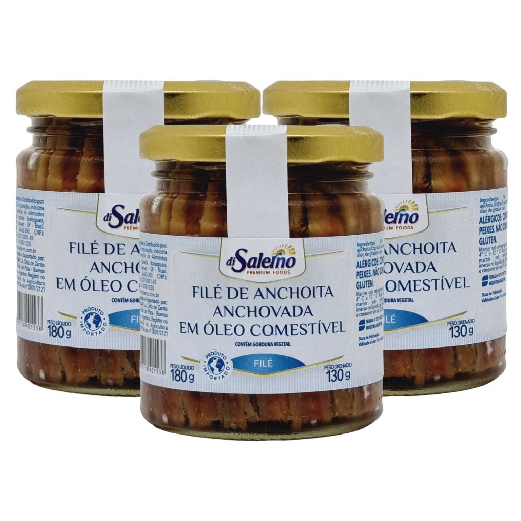 Pack c/ 3 Files de Anchova  Argentino Di Salerno vidro 180g