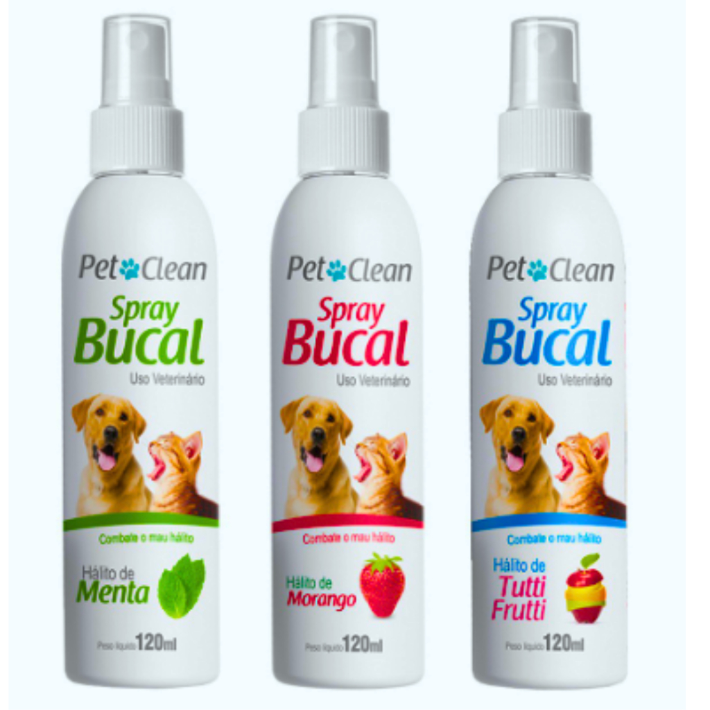 Spray Bucal Pet Clean Cães e Gatos Cachorro Sabores Menta Morango Tutti Frutti