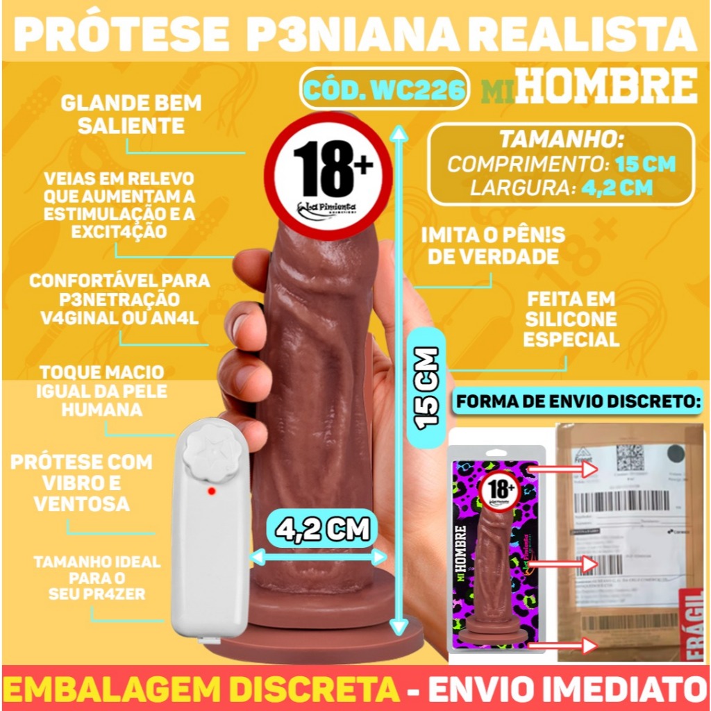 PRÓTESE QUE IMITA PÊNIS DE VERDADE COM 15 DE COMPRIMENTO POR 4,5 DE LARGURA P/ PENETRAÇÃO C/ VIBRO