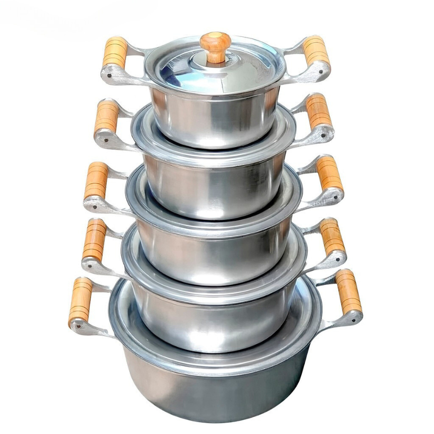 jogo de panelas polido em alumínio batido grosso fundido