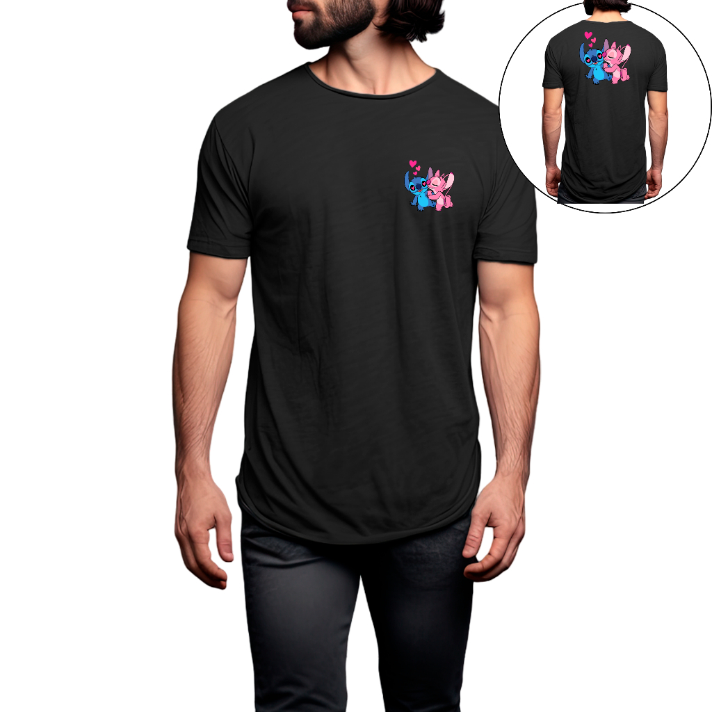 Camisa Estampada  Unissex  Longline Over Blusa Grande Estampa Lilo & Stitch Stretwear Em Algodão