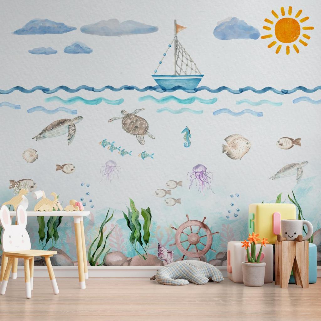 Papel de Parede Fundo do Mar com Barco e Animais Marinhos - Perfeito para Sala ou Quarto Infantil