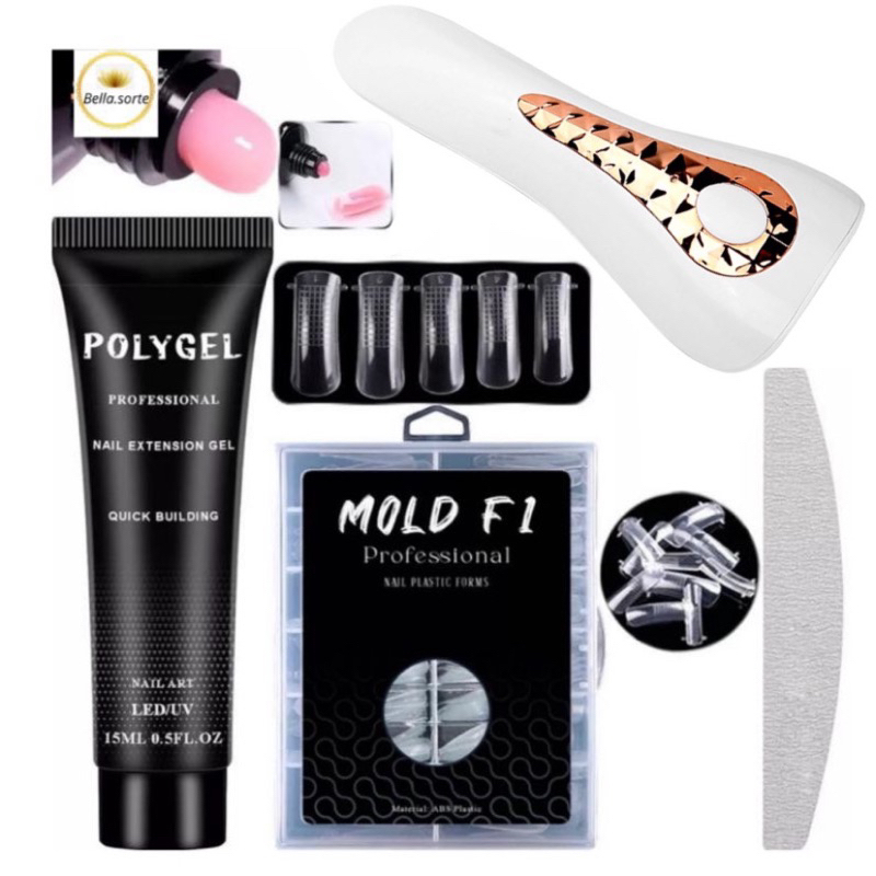 Kit Alongamento Poligel Polygel + Molde F1 + Lixa + Mini Cabine De Touch Portátil 18w Unha