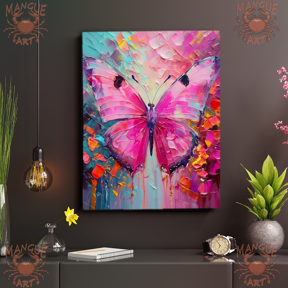 Quadro decorativo Borboleta rosa - Estilo pintura impressionista com espátula - Arte em Tela Canvas