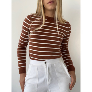 Blusa Tricot Listrada Moda Inverno Tricô Modal Listras Gola Redonda em Oferta na Shopee