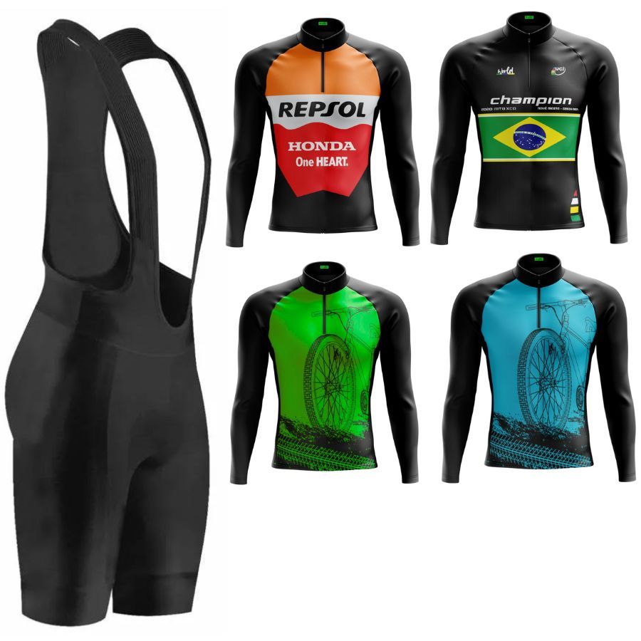 Kit Conjunto Bretelle Forro Gel Camisa Manga Longa Short Blusa Inverno Frio Bike Pedal Mtb