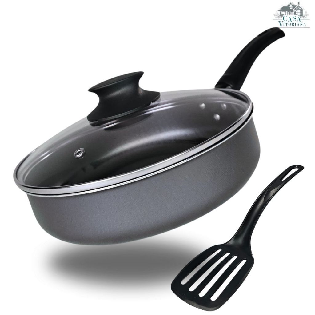 Frigideira Grande Alta 24 cm Antiaderente 5 Camadas De Teflon com Tampa de Vidro Cor Preto Grafite