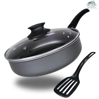 Frigideira Grande Alta 24 cm Antiaderente 5 Camadas De Teflon com Tampa de Vidro Cor Preto Grafite em Oferta na Shopee