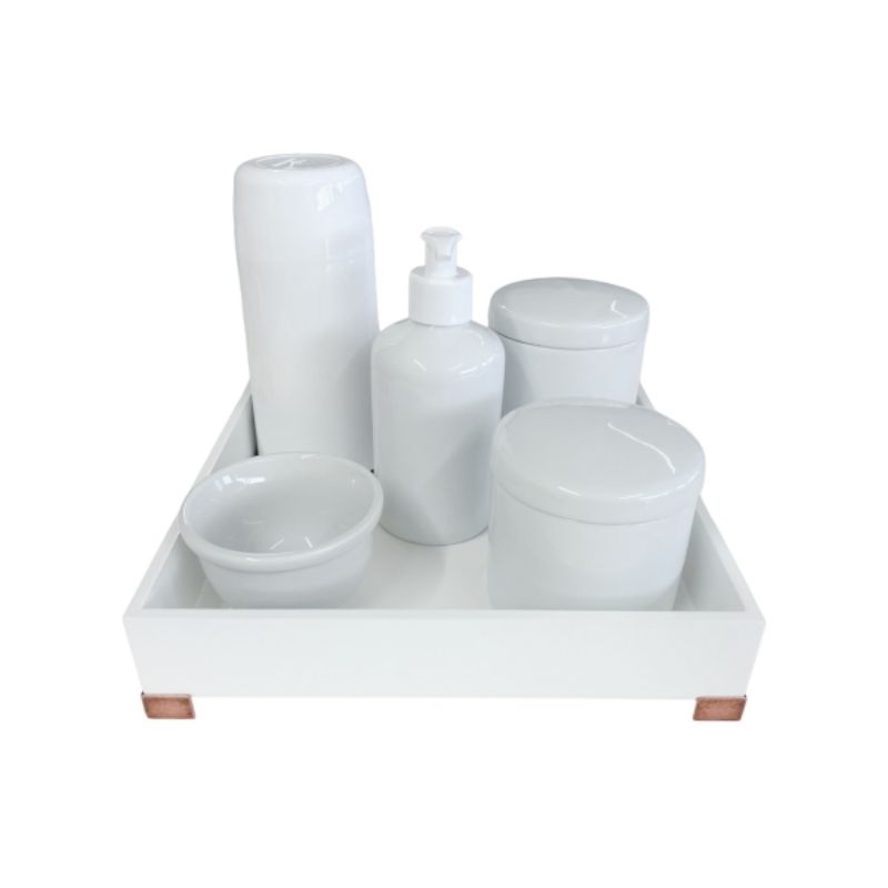 kit Higiene Para Bebê Porta Álcool Gel, Cotonete, Algodão, Molhadeira, Térmica e Bandeja Branca