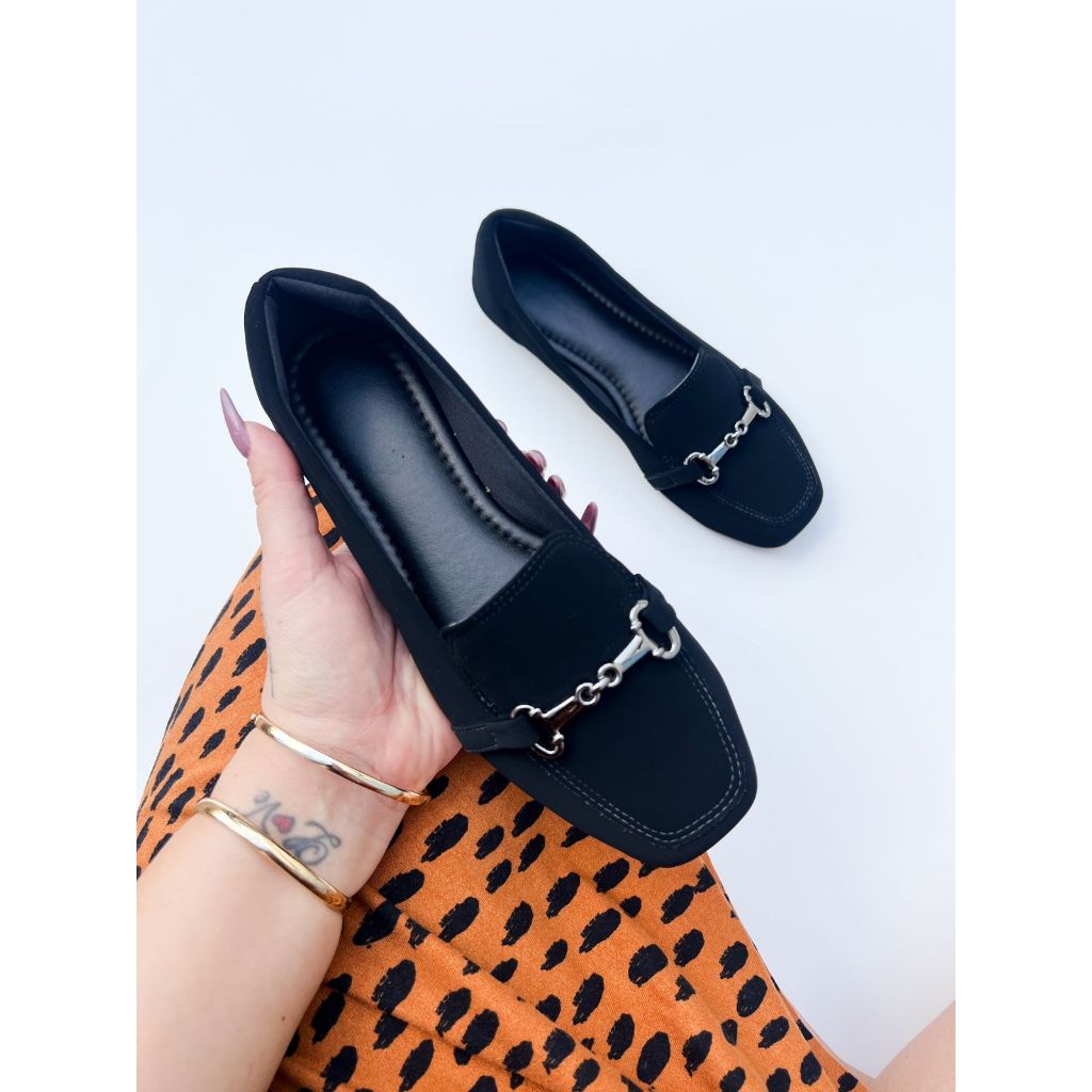 Sapatilha Confort Sapato Feminino Mocassim Bico Quadrado Confortável Enfeite ABS Preto