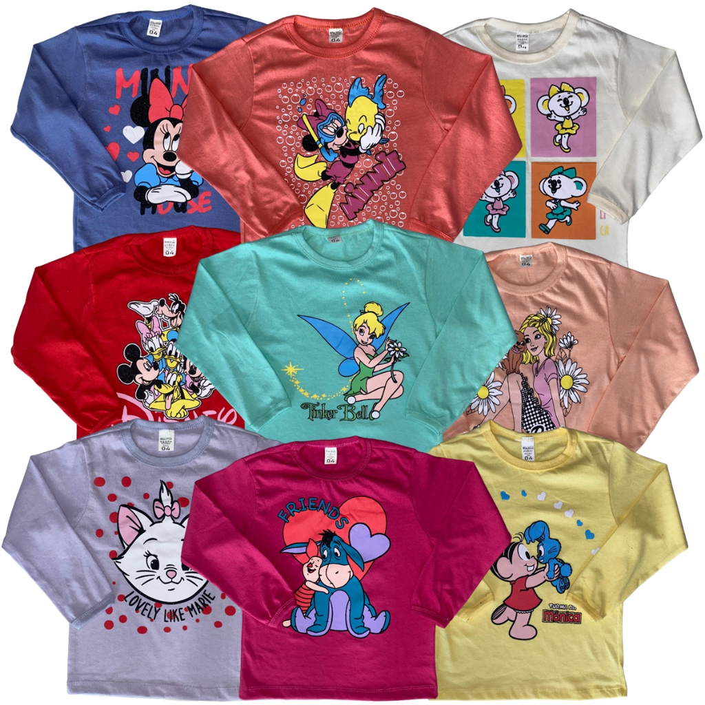 Kit 5 Camisetas Manga Longa Menina Infantil Personagens 2 à 8 Anos
