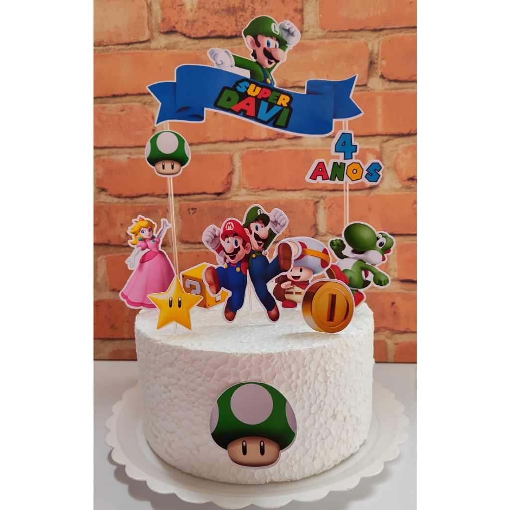 Topo Topper de Bolo Super Mario Luigi Personalizado com Nome e Idade