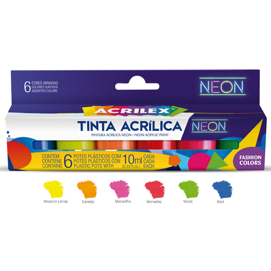 Estojo Tinta Acrílica Neon 6 Cores Fluorescentes 10ml Acrilex