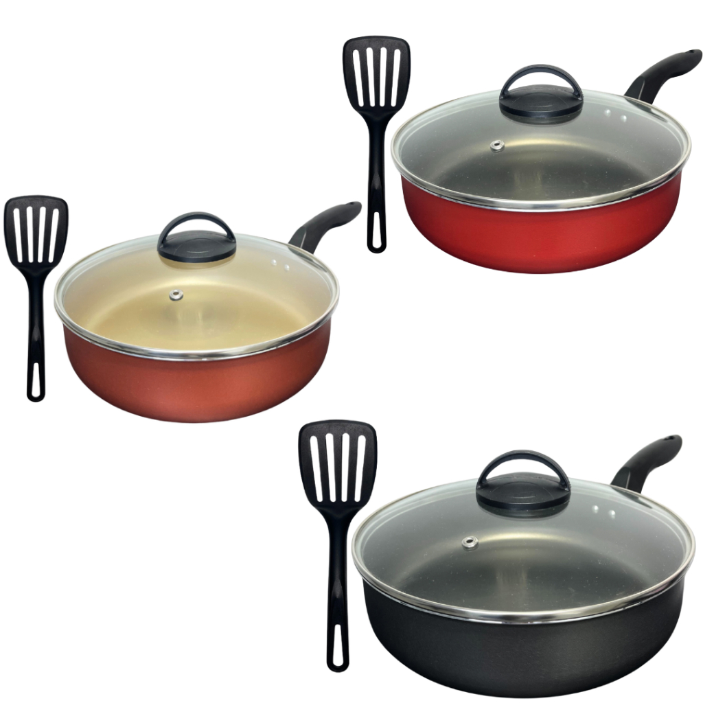 Frigideira Alta Funda 24 cm Antiaderente Teflon  com Tampa de Vidro + Espátula Nylon