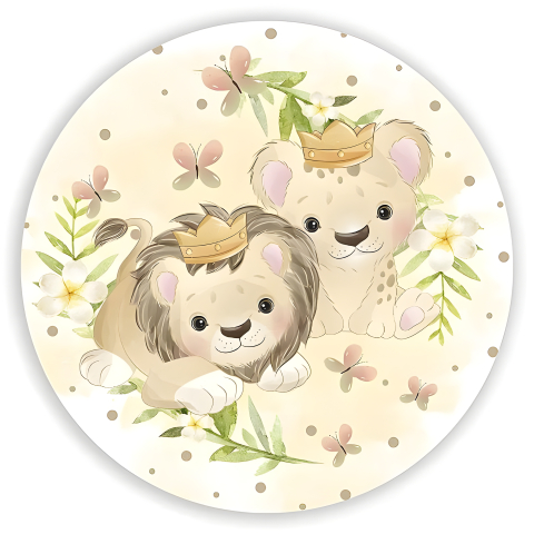 Painel Festa Infantil Redondo Leão e Leoa, folhas e borboletas, aquarela + Arco, Suporte incluso. Fazemos personalizado com qualquer tema. Confeccionado em Lona fosca, impressão de alta resolução. cenário Circular p/ Decoração