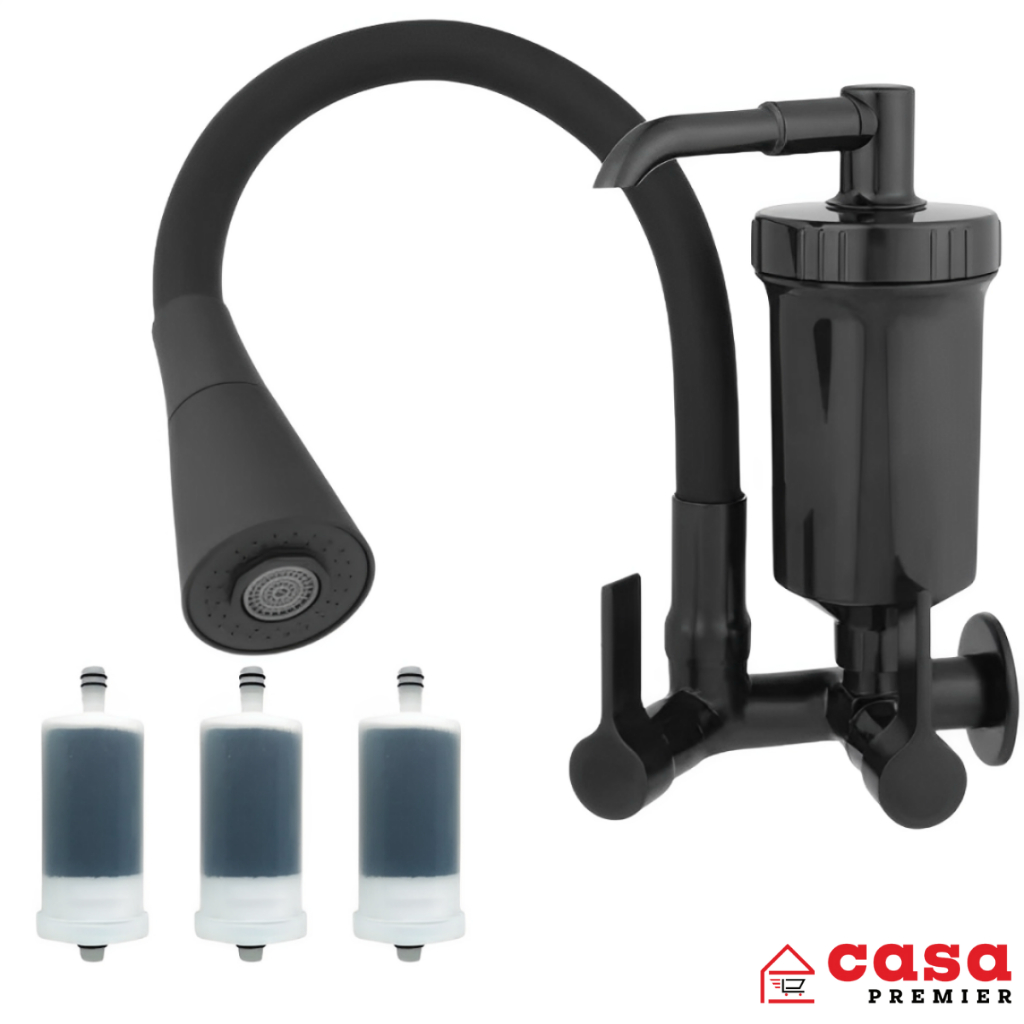 Torneira Cozinha Parede Filtro ABS Flexível Preta Gourmet Luxo Metal + 3 Refil U