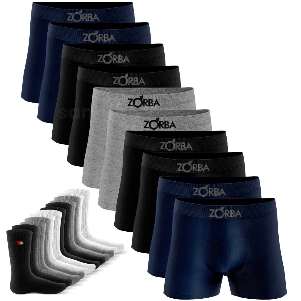Kit 10 Cuecas Zorba Boxer Adulto Algodão Seamless Masculinas Box + 6 Pares de Meias Cano M...