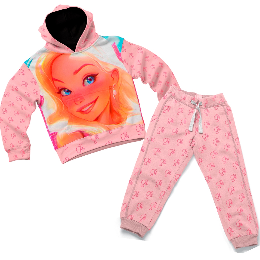 Conjunto Moletom Infantil Barbie Rosa Blusa Canguru com Calça Escolar Inverno Personagem Feminino