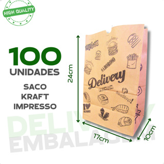 Kit 100un Saco Kraft Papel Pardo Para Delivery Impresso Embalagem para Entregas 17x10x24 em Oferta na Shopee