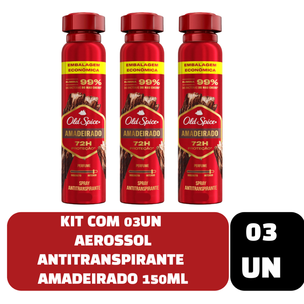 Kit com 03un Desodorante Antitranspirante Aerossol Old Spice Amadeirado 150ml
