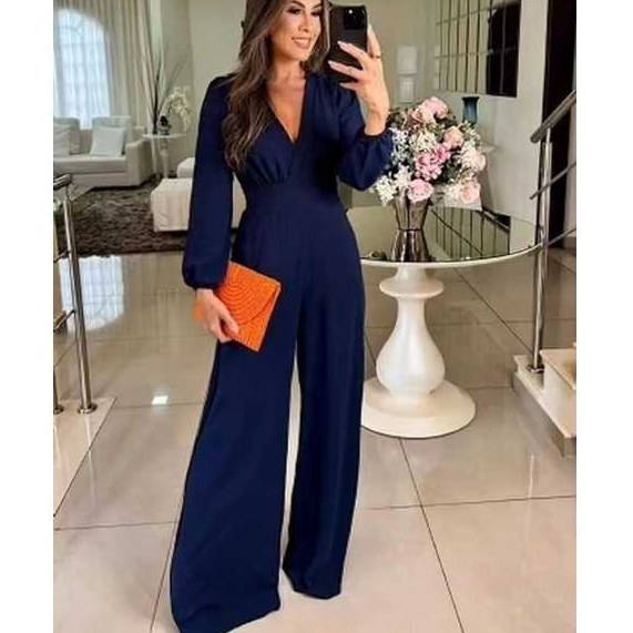 Macacão duna, com decote em V, Calça longa super em alta