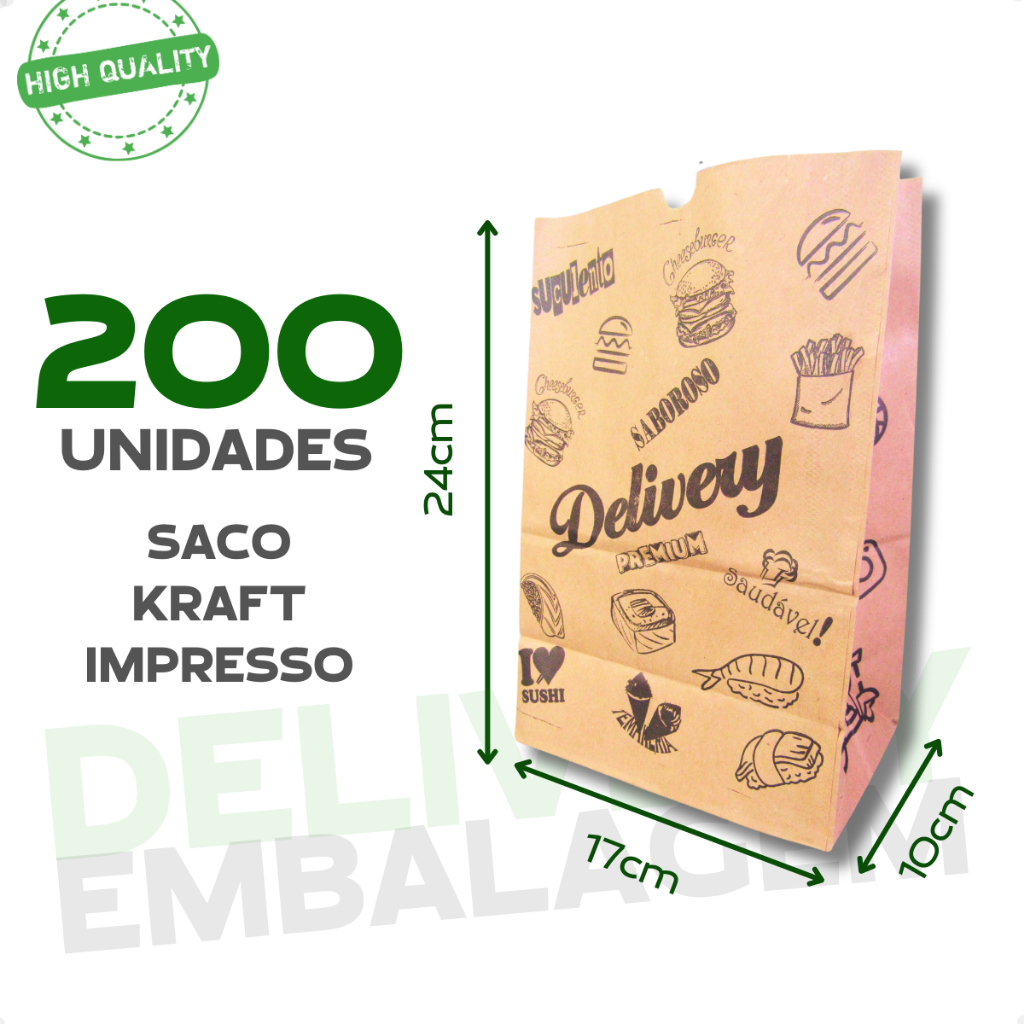 Kit 200 Sacos Kraft Papel Pardo Para Delivery Entregas Impresso Embalagem para Lanche 17x10x24 em Oferta na Shopee