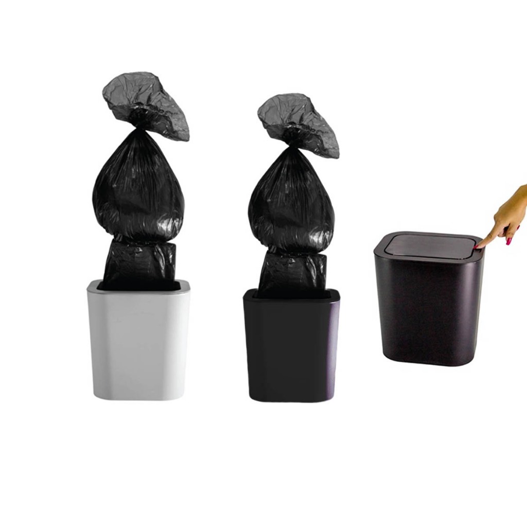 Kit 2 Lixeiras 12L Branca e Preta Tampa Click Push - Dispenser Para Saco de Lixo Banheiro Escritório Cozinha