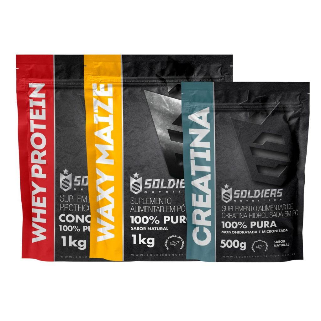 Kit: Whey Protein Concentrado 1kg + Creatina 500g + Waxy Maize 1kg Soldiers Nutrition Força Performance em Oferta na Shopee
