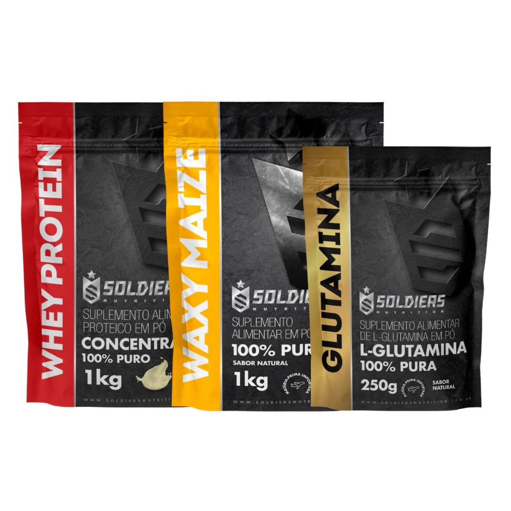 Kit: Whey Protein Concentrado 1Kg + Waxy Maize 1Kg + Glutamina 250g - Soldiers Nutrition