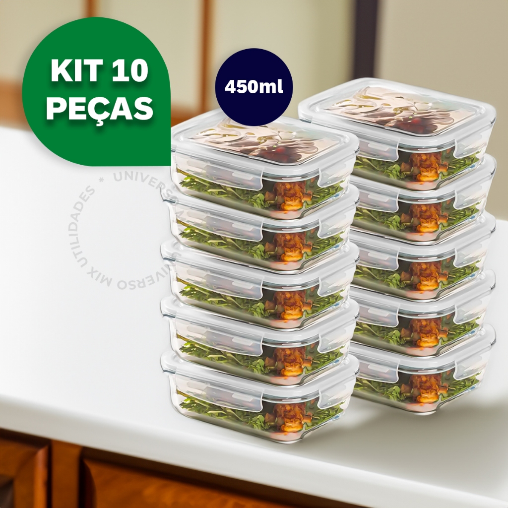 Kit 10 ou 5 Potes Vidro Hermético 450ml Retangular Mantimentos Marmita Premium