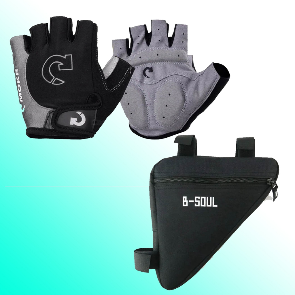 Bolsa Triangular para Quadro de Bicicleta com Luva Meio Dedo Ciclismo Bike