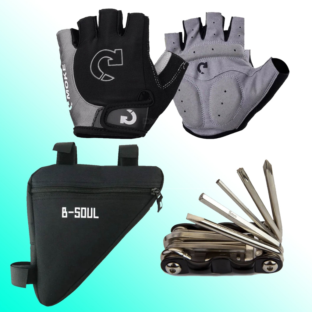 Kit Acessório Bike Com Bolsa Triangular e Chave Multiuso Para Bicicleta + Luva Meio Dedo Ciclismo