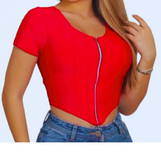 CROPPED BLUSINHA FEMININA CORSELETE COM BOJO PONTA E ZÍPER DE MANGA TECIDO SUPLEX MODA BLOGUEIRA