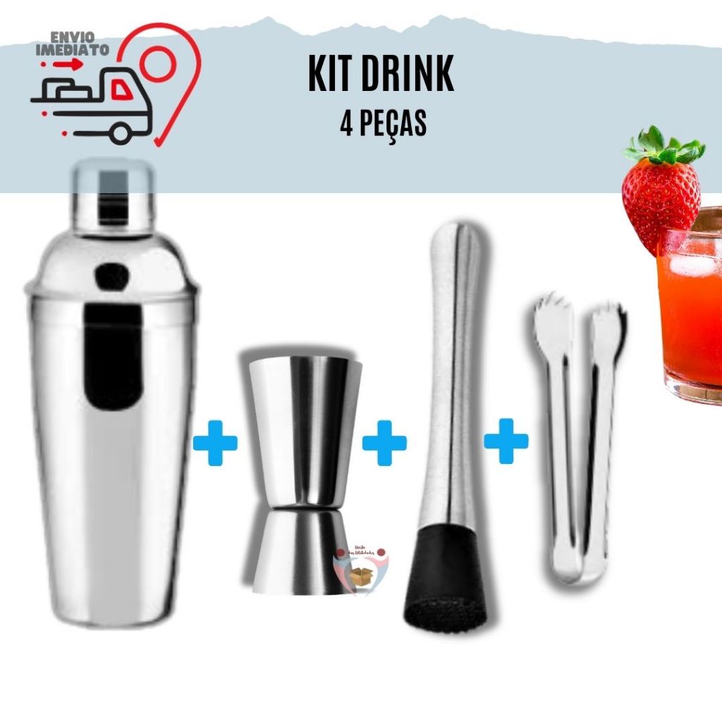 Kit Bar 4 Peças Coqueteleira Inox 500ml Dosador 30/60ml Socador Pegador Gelo Profissional