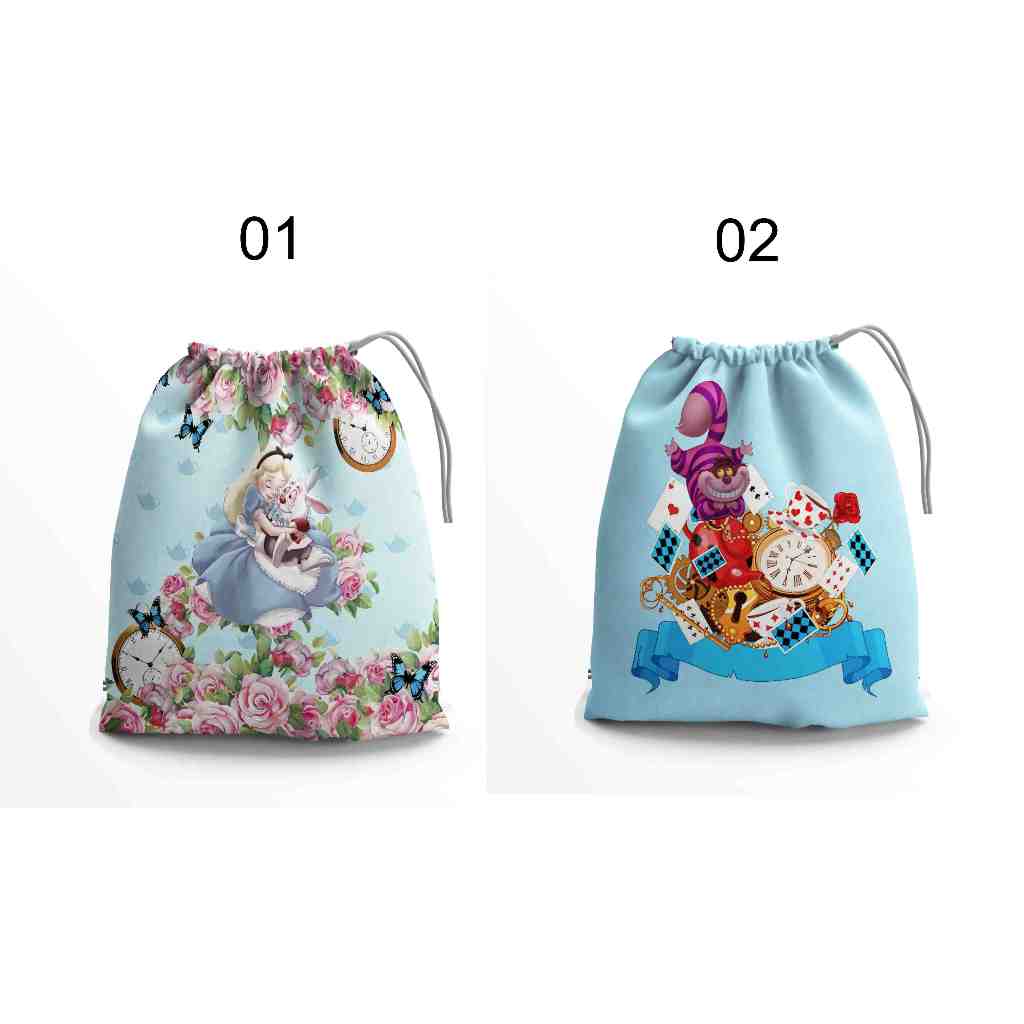 20 SACOLINHAS DE SURPRESA PERSONALIZADO COM O NOME DA CRIANCA TEMA ALICE NO PAIS DAS MARAVILHAS  (15X20)