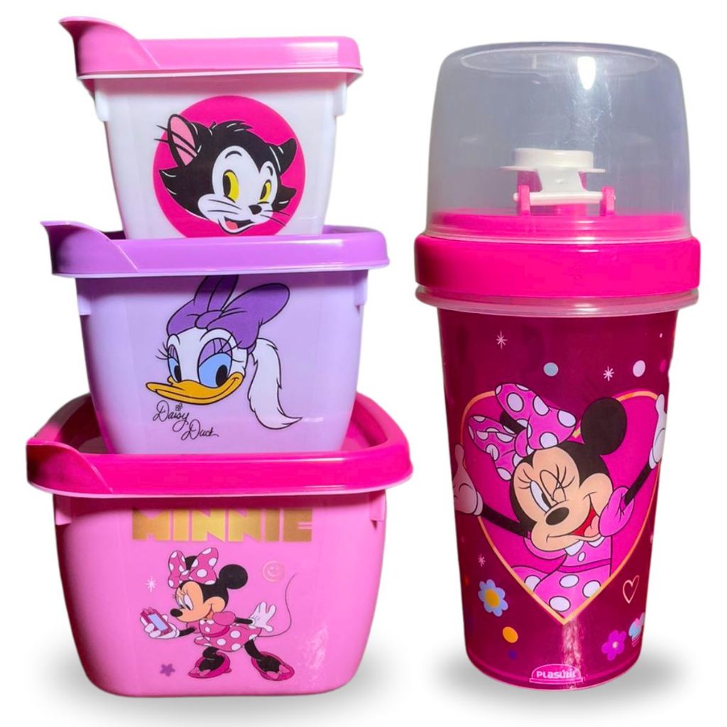 Kit 4 ítens Lanche Garrafinha+ Potes de Marmita Minnie Vasilha Plástica Para Lancheira Vermelho Meninas Copinho Não Vaza