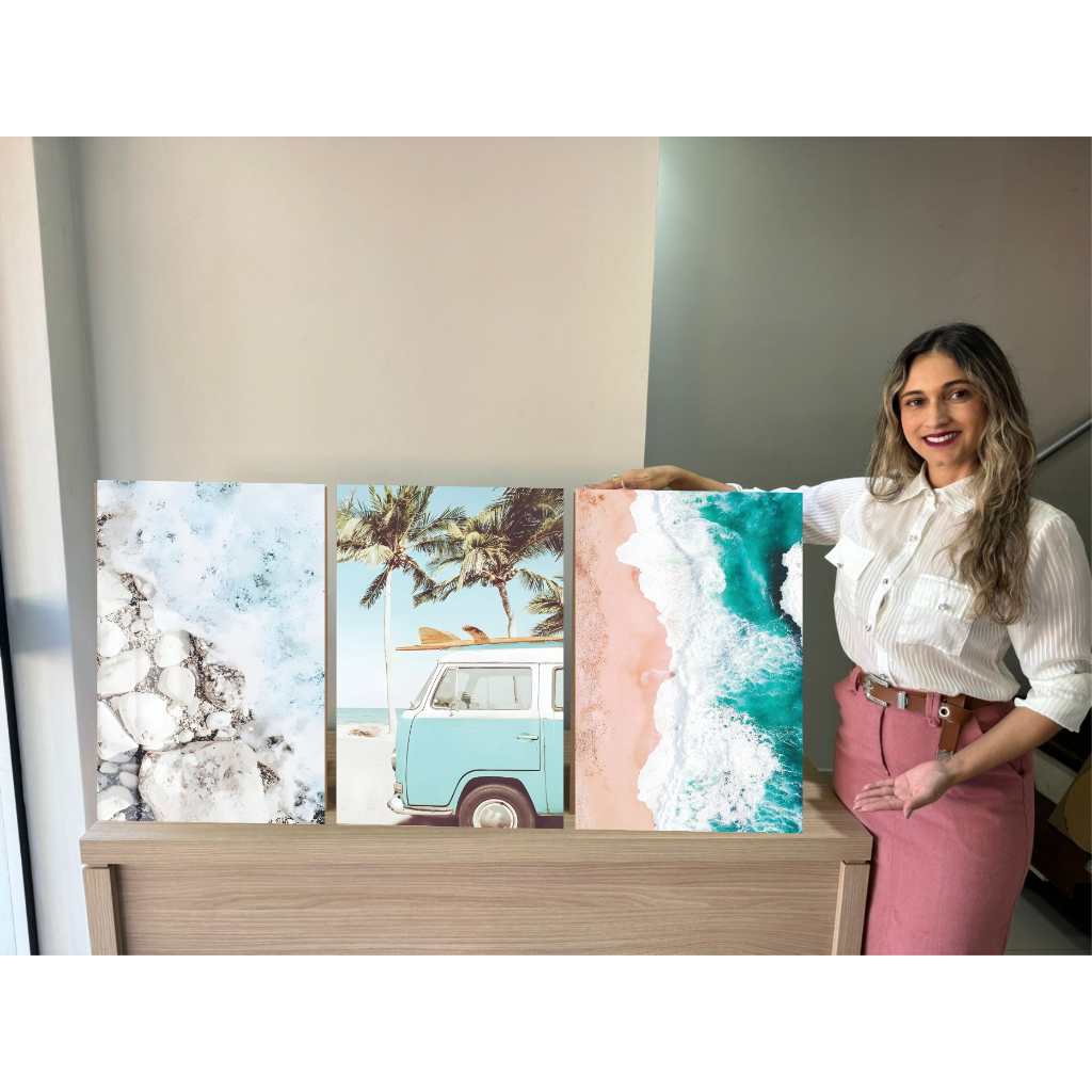 Quadros Decorativos Praia Kombi Tons Azul Bege Boho P/ Sala