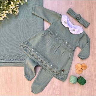 Saída de maternidade menina vestido Gabriela verde menta tricot 5 peças