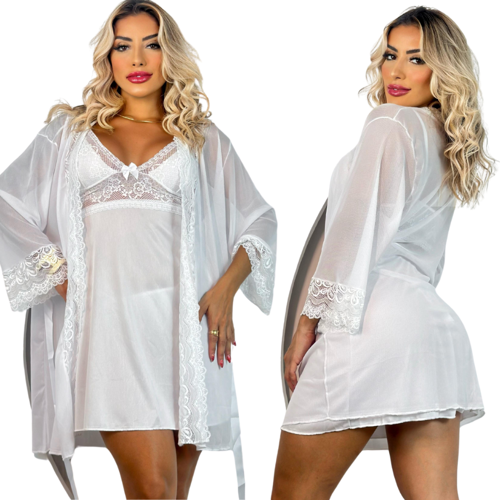 Kit Noiva com 1 camisola feminina sensual  e 1 robe luxo de renda acompanha 2 calcinha fio dental em Oferta na Shopee