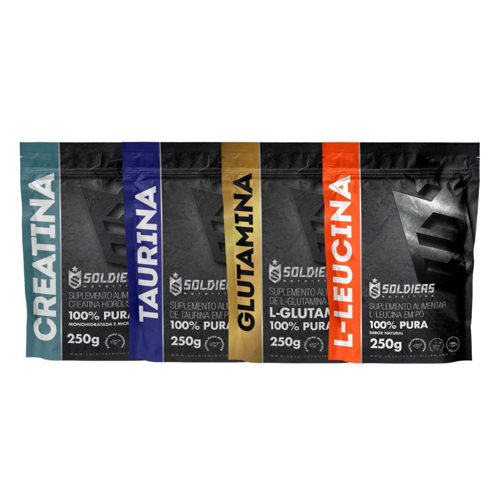 Kit: Creatina 250g + Taurina 250g + Leucina 250g + Glutamina 250g Soldiers Nutrition Força Performance em Oferta na Shopee
