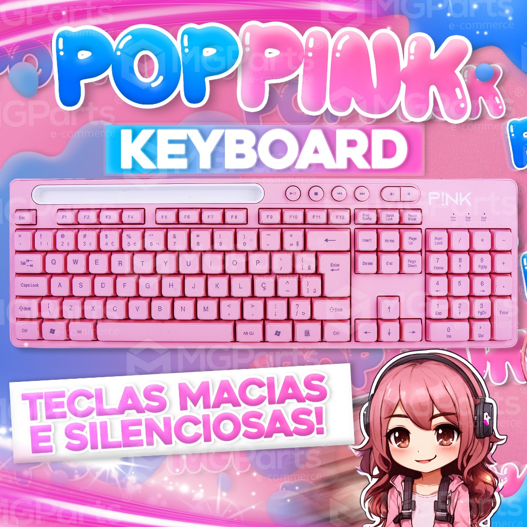 Teclado USB Rosa Multimídia Semi-Mecânico Ergonômico com Suporte Celular Fofinho Feminino Presente