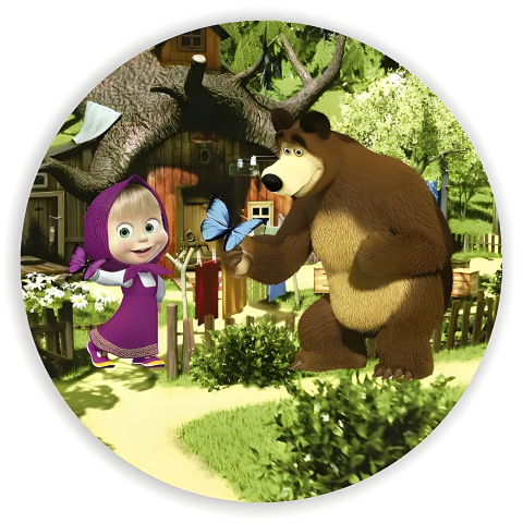 Painel Festa Infantil Redondo Marsha e o Urso Brincando com Borboletas + Arco, Suporte incluso. Fazemos personalizado com qualquer tema. Confeccionado em Lona fosca, impressão de alta resolução. cenário Circular p/ Decoração