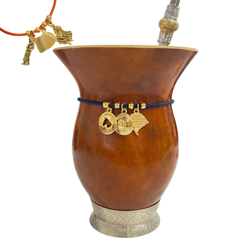 Pulseira / choker para cuia de chimarrão com pingentes de Gaúcho: Mapa do RS, Chapéu e Cavalo ou Gaúcho, Prenda e Gaita