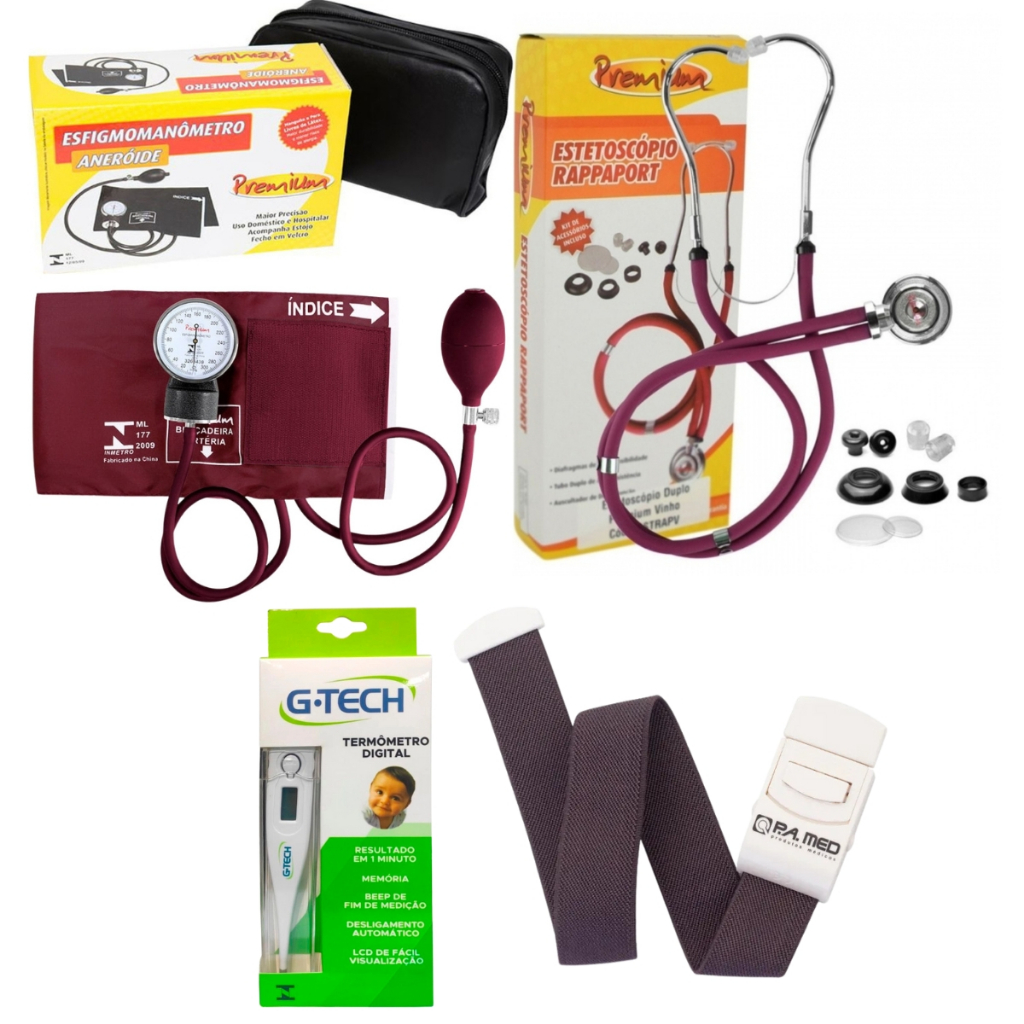 kit de enfermagem diversas cores esfigmo com esteto duplo,garrote de presilha e termômetro