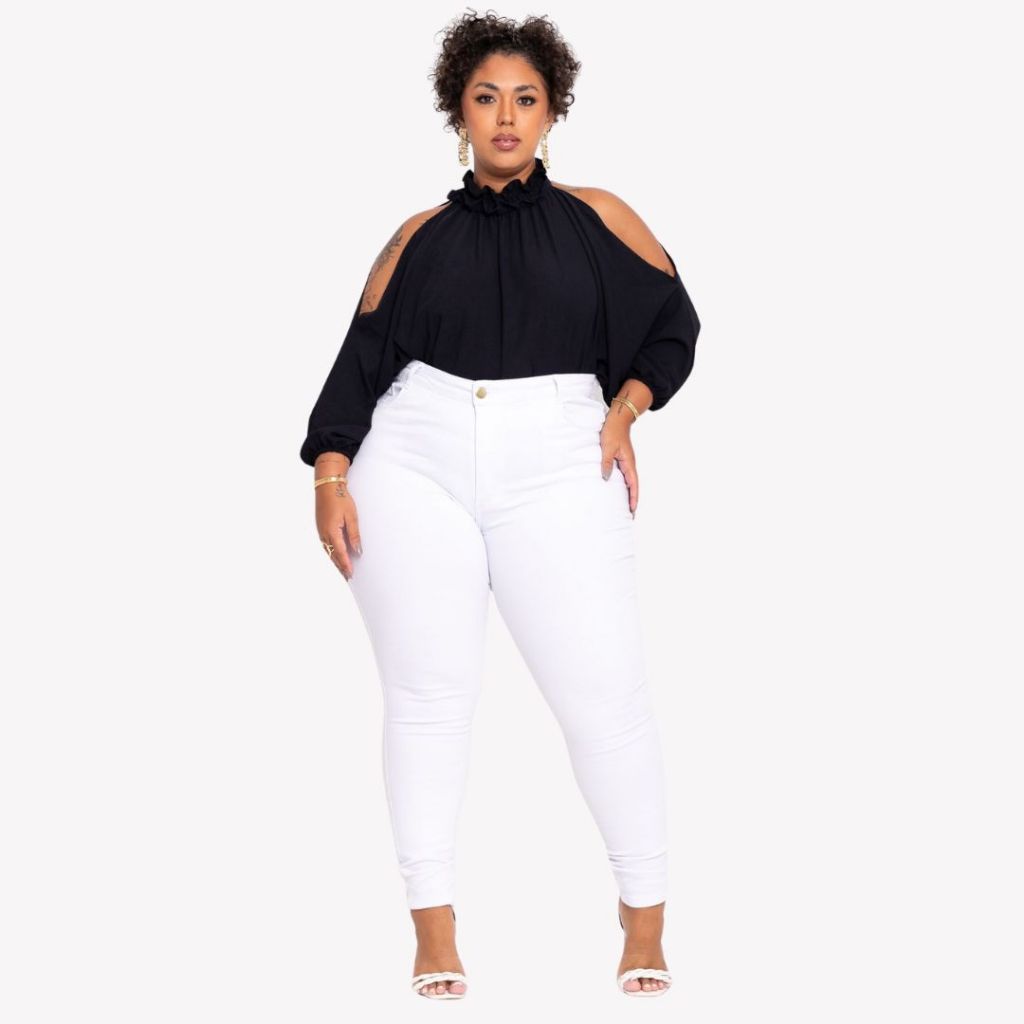Calça Jeans Ane Plus Size Skinny  Branca Cintura Alta Moderna Enfermagem
