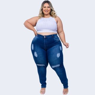 Calça Jeans Ane Plus Size Skinny  Azul Rasgadinha Cintura Alta Premium em Oferta na Shopee