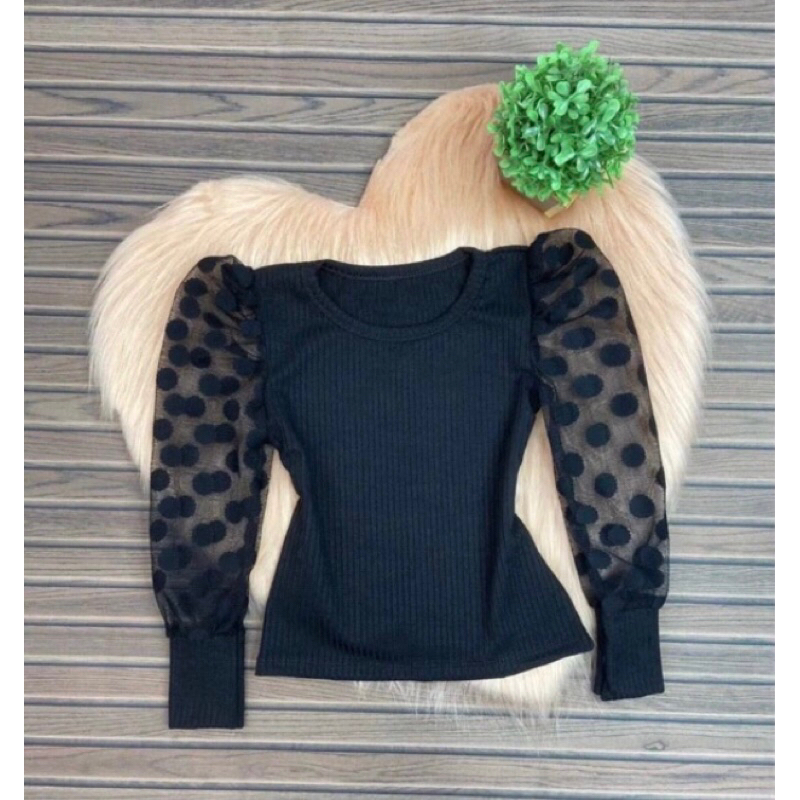 blusinha  maricota malha canelada manga longa tule infantil
