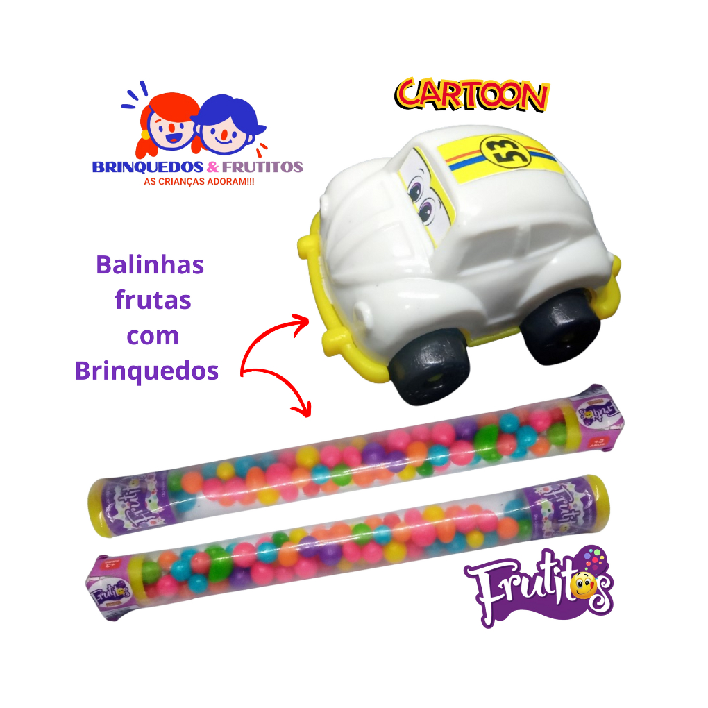 Kit 20 PEÇAS (10 Tubetes c/Balinhas Doces Frutitos+10 Carrinho Fusca)Lembrancinhas de aniversário e Sacolinhas Surpresa em Oferta na Shopee